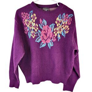 Vintage 80s Floral Sweater Women XL 14 Purple Knit Top Colorful Flower Soft 16